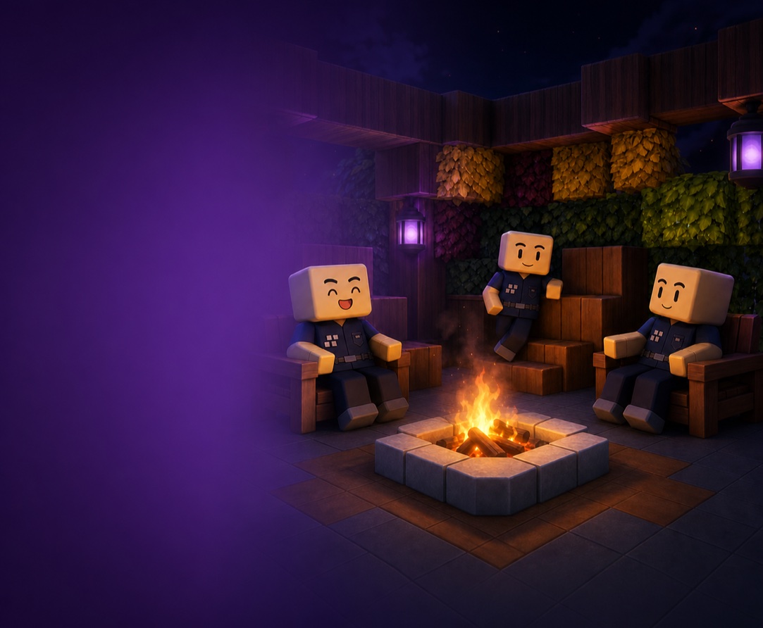 Three BrickOps characters gathered around a campfire